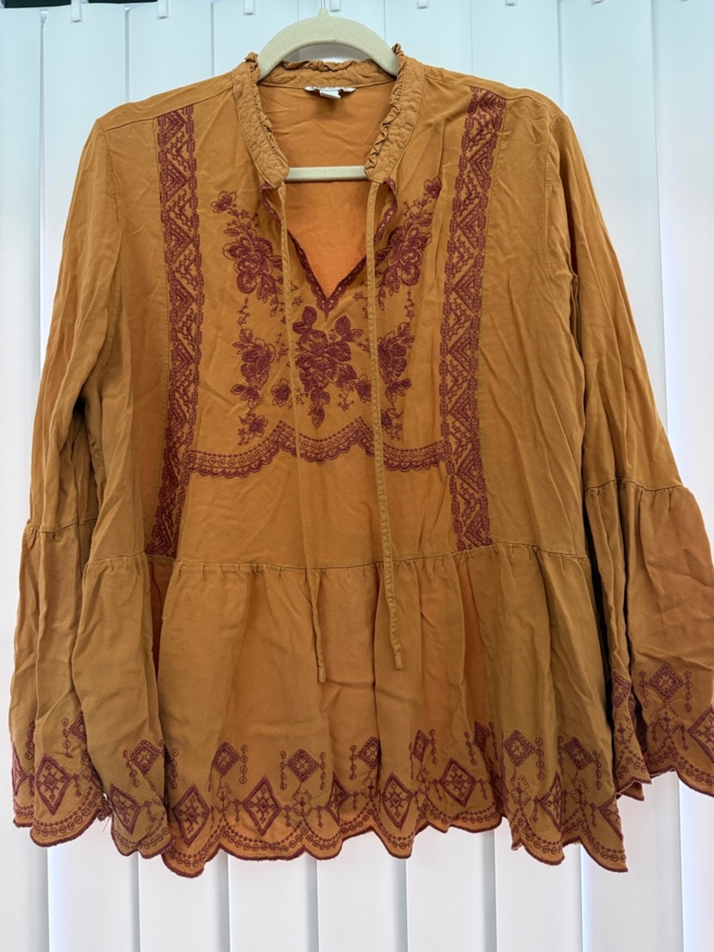 Cato Mustard Embroidered Peasant Tunic with Rust Detail